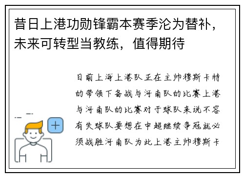 昔日上港功勋锋霸本赛季沦为替补，未来可转型当教练，值得期待